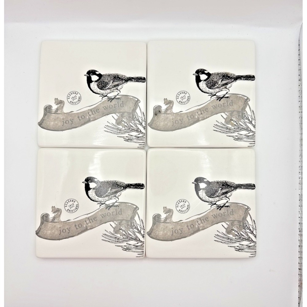 4 -Box St. Nicholas Square Ceramic Tile Coaster Chickadee Bird Joy to the World